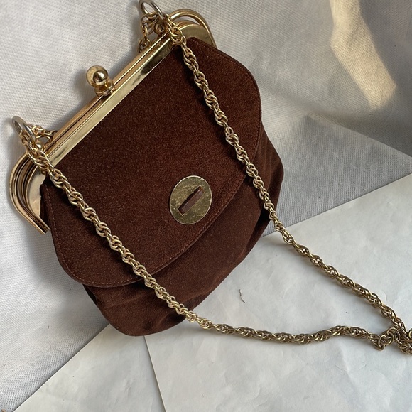 Chic Vintage purse By Triangle NY brown suede gold tone - mod look - Picture 10 of 16